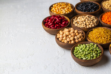 Legumes, a set consisting of different types of beans, lentils and peas