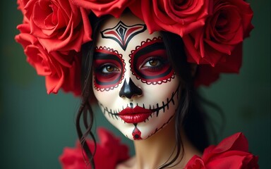 Striking Female Portrait of Dia de los Muertos La Catrina with Elegant Red Roses and Intricate Face Paint Celebrating Mexican Tradition and Culture Brainstorming Digital Art. High quality