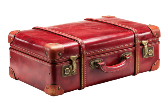 Vintage red leather suitcase, corner-reinforced with burnished brass feet, top handle folded, 3/4 left; isolated on transparent white background, no shadow or reflection, no text.