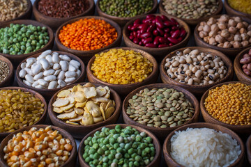 Legumes, a set consisting of different types of beans, lentils and peas