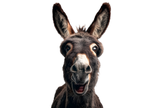 Funny donkey with surprised expression and open mouth isolated on transparent background