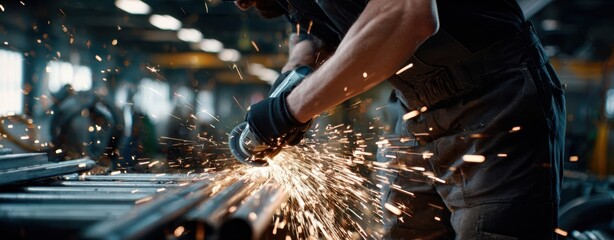 The Worker Using an Angle Grinder Creating Bright Sparks in a Busy Industrial Workshop