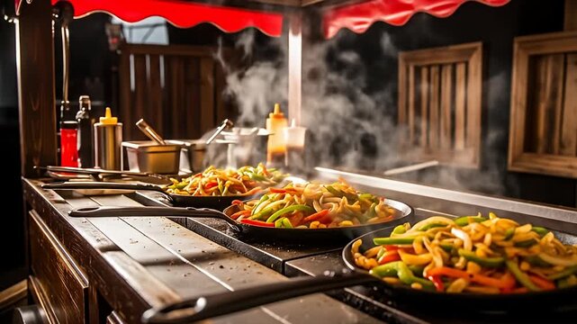 Steaming food, vegetables cooking on griddle with condiments in the background