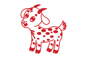 Cartoon goat outlined in red showcases a charming, spotted design against a pure white backdrop