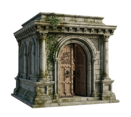 Obraz premium An Ornate Medieval Stone Crypt with Wooden Door Isolated