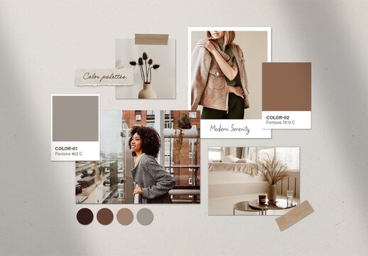 Instant Photo Mood Board Collage Mockup Template with Color Palette & Sticky Tape Elements
