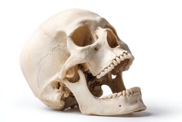 Fototapeta premium Isolated skull with open jaw. Bone texture is visible, lying on white background, casting shadow