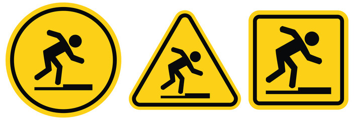 Tripping hazard symbol safety sign. Floor surface obstacle fall caution symbol. Person foot falling beware sign. Vector Illustration.
