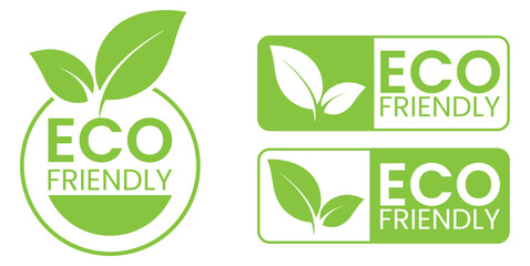 Set of eco friendly green labels and badges featuring leaves and organic design elements