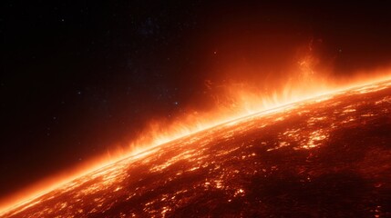 A vibrant orange solar flare erupts from the sun's surface against the backdrop of dark space and distant stars