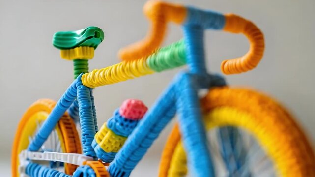 Colorful toy bicycle made from pipe cleaners and beads, blue frame with orange wheels and handlebars.