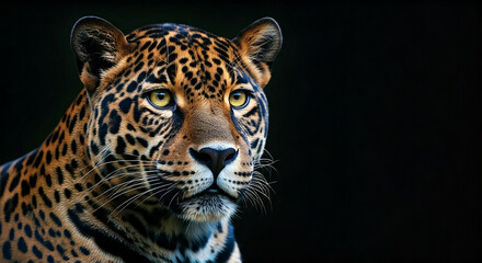Obraz premium Close-up of a tiger against a black background, Masai Mara, Kenya, highlighting her regal expression and golden fur