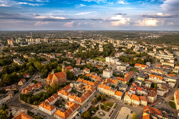 Aerial View of Historic Church and City Square in European Town, Wodzislaw Slaski