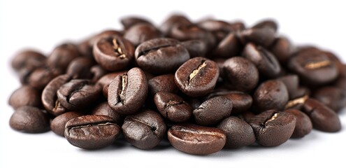 Fototapeta premium A pile of freshly roasted coffee beans, brown and aromatic, set against a clean, white backdrop