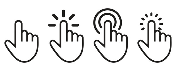 Set of four hand cursor icons representing different click actions and user interface interactions