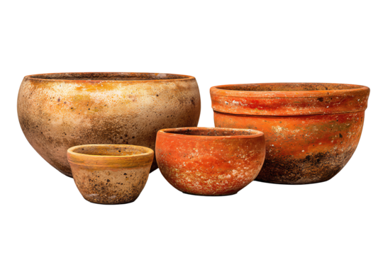 Four rustic terracotta planters with warm clay surface and natural patina, offset nested arrangement, isolated on transparent background.
