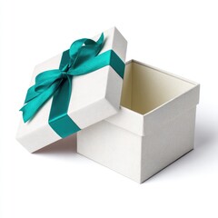 Open white gift box with teal ribbon