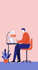 Illustrated person focused on remote work with a laptop and stylus at a desk. Perfect for themes of online productivity, digital learning, and creative design.