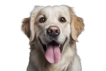 Golden retriever dog licking nose with adorable face isolated on transparent background