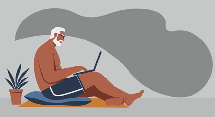 Senior man working remotely on a laptop in a relaxed setting, embodying modern lifestyle, digital freedom, and flexible work. Ideal for business, travel, and lifestyle concepts.