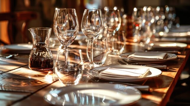 A neatly arranged dining table with wine glasses, plates, and cutlery, set for a meal in a dimly lit restaurant.