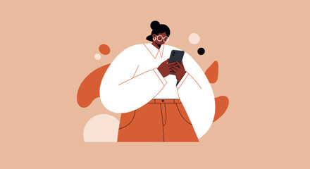 Modern illustration of a woman using a smartphone, depicting digital communication, connectivity, and online activity for business or lifestyle content.
