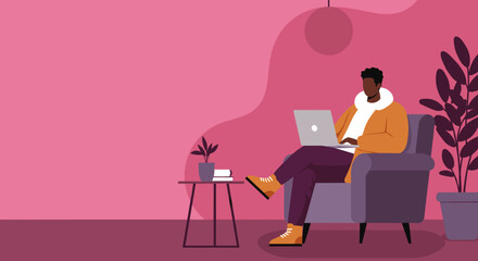 Relaxed man working remotely on laptop from a comfortable armchair at home. Ideal for themes of freelance work, online education, and modern lifestyle flexibility.