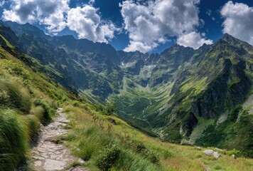 Fototapeta premium Scenic view of a mountain path curving upward, lush with greenery, under a sky speckled with fluffy white clouds on a sunny day