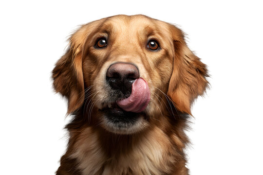 Golden retriever dog licking nose with adorable face isolated on transparent background