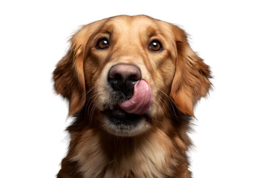 Golden retriever dog licking nose with adorable face isolated on transparent background