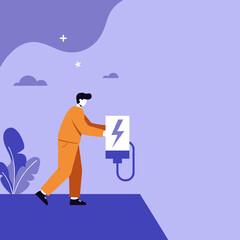 A man interacting with an electric charging station, symbolizing energy, power, and future technology. Ideal for concepts of sustainable power and innovation.