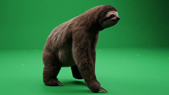 A furry brown sloth slowly ambles on a green screen, displaying its long claws