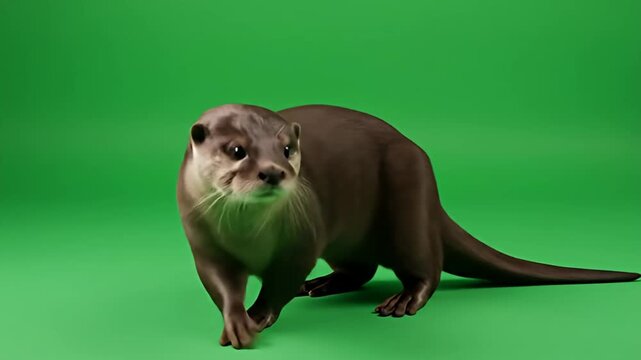 A brown otter stands on a green surface, with a curious expression on its face