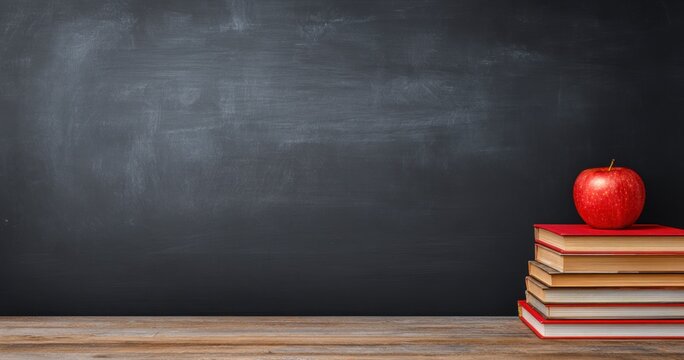 A red apple rests on a stack of books against a worn blackboard background, set atop a rustic wooden surface for a back-to-school ambiance