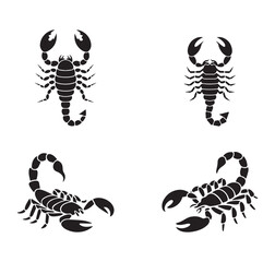 Four black silhouette scorpions in different poses on a white background