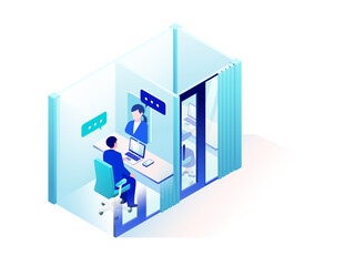 Private Telephone Booth with Laptop and Video Call – Isometric Office Illustration