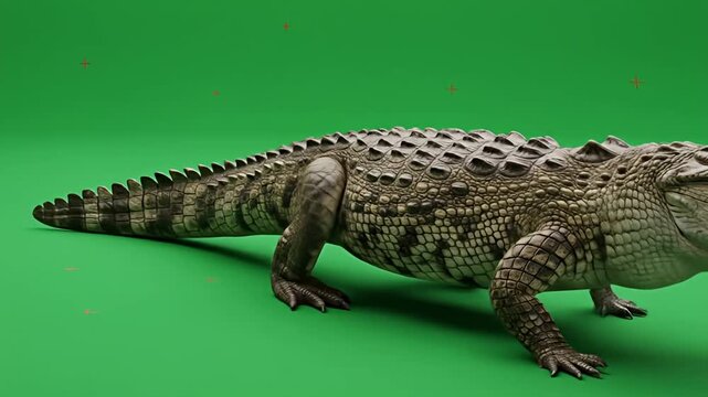 Crocodile strides across a green screen with red markers for VFX tracking purposes