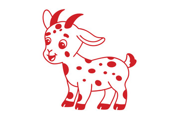 Cartoon goat with a red outline and spots smiles gently on a white background