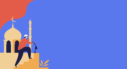 Muslim man ascends stairs to a mosque with a lantern, symbolizing spiritual journey, devotion, and the festive spirit of Islamic holidays like Ramadan.