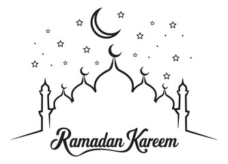 Ramadan kareem greeting with crescent moon stars and mosque silhouette in a sketch style