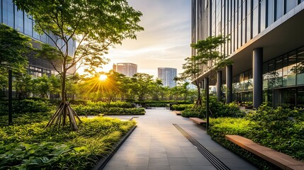 Fototapeta premium Contemporary office complex with lush green landscaping and sustainable design (Office Architecture)