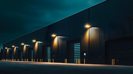 Long modern industrial warehouse building at night featuring sleek dark metal facade illuminated loading bay doors and exterior security lighting functional design (Architectural Design)