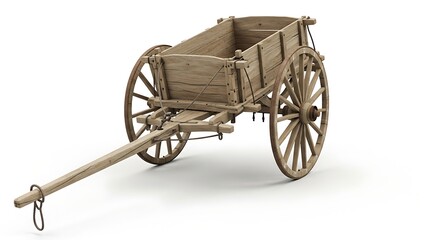 Fototapeta premium Old-fashioned wooden cart with rustic wheels and aged wood finish for vintage designs, historical illustrations, or countryside themes, evoking a sense of nostalgia