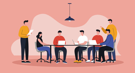 Modern business professionals collaborating in a meeting, discussing strategy and ideas with laptops. Represents teamwork, innovation, and productivity.