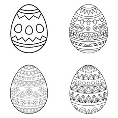 Four hand drawn outline easter eggs with intricate decorative patterns for coloring pages