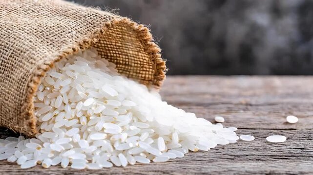 White rice spilling from a burlap sack onto a wooden surface.
