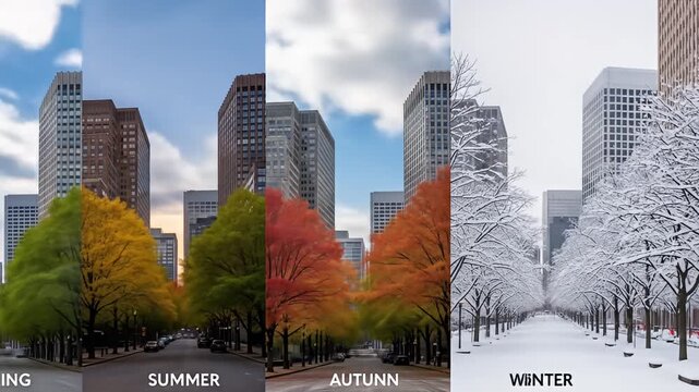 A composite image showing four seasons along a city street with trees