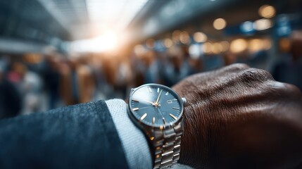 A close-up of a man's wristwatch, set against a blurred background of a busy crowd, conveying a sense of urgency and time management.