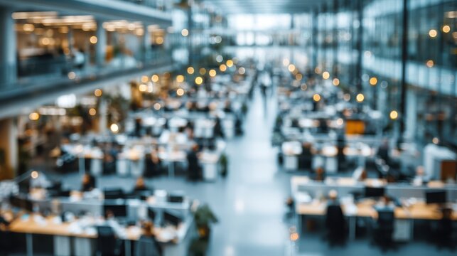 A blurred interior view of a modern office space, filled with workstations and people, creating a bustling and dynamic atmosphere.