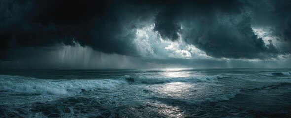 Stormy ocean with dark clouds and rain